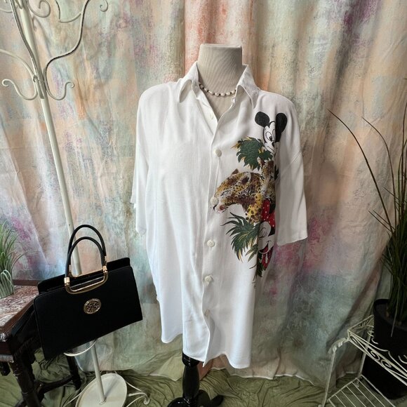 Vintageπ Disney Design Mickey Short Sleeves Cotton Blend Button Down Blouse - Picture 3 of 12